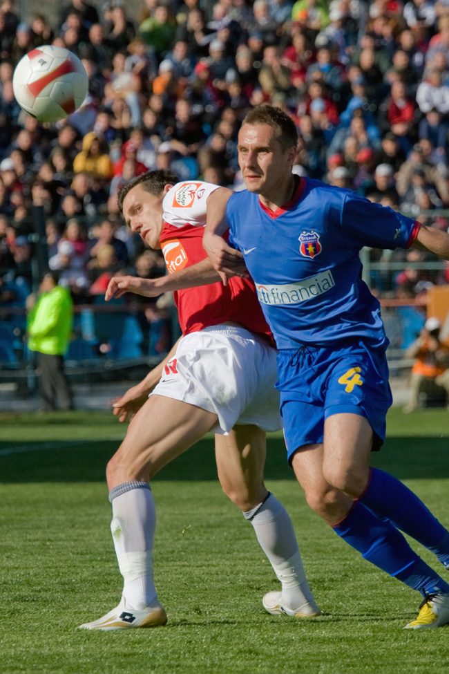 Football players are fighting for the ball in a game played in Galați, Romania on April 19th, 2008.